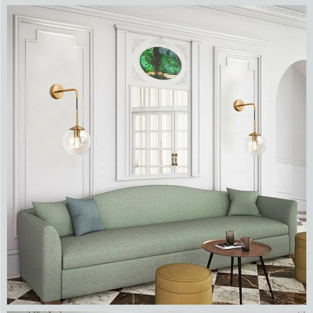 NIB Modern Wall Sconce Fixture Set of 2 Gold Adjustable Cord Brass Round Glass